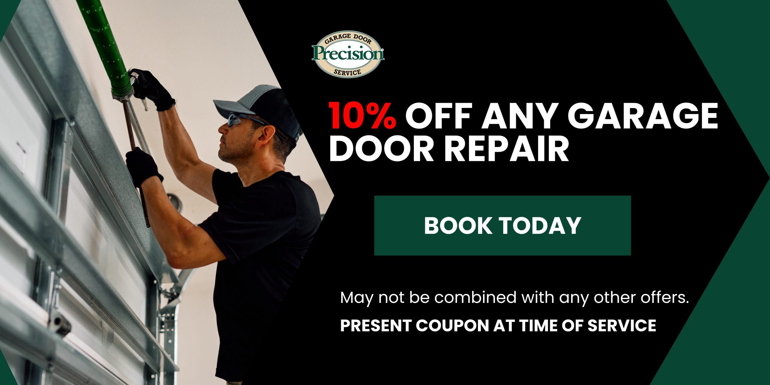 10% Off Any Garage Door Repair August 2026 Precision Door Augusta Safe and Sound Package March 2026 promo for garage door maintenance in Augusta, GA.