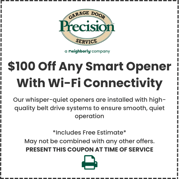 100 Off Smart Opener October 2026 $75 off any new garage door opener coupon for high-quality, whisper-quiet belt drive systems.